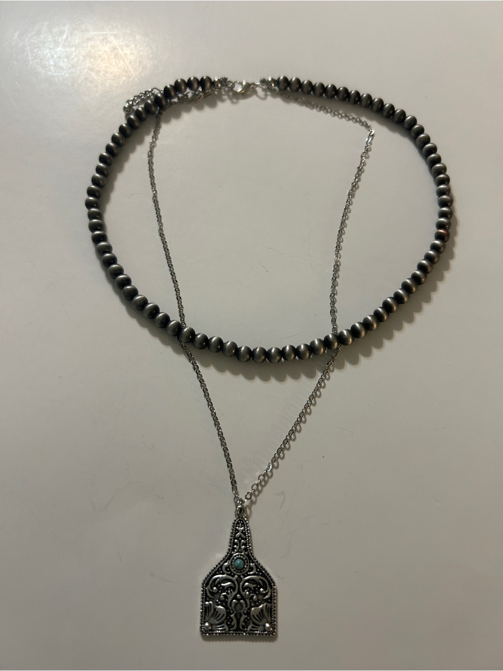 Western Layered Cattle Tag Necklace Silver Turquoise Single Clasp Boho Cowgirl